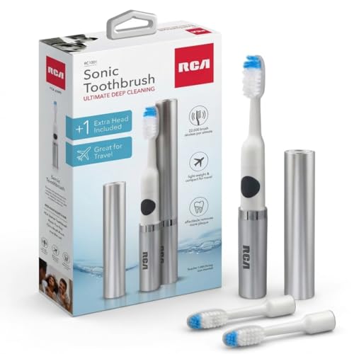 RCA Travel Electric Battery Toothbrush for Adults - Spin Brush Toothbrushes, Travel Size Toothbrush w/Case, Portable Spinbrush, Extra Brush Head, Portable Spinbrush