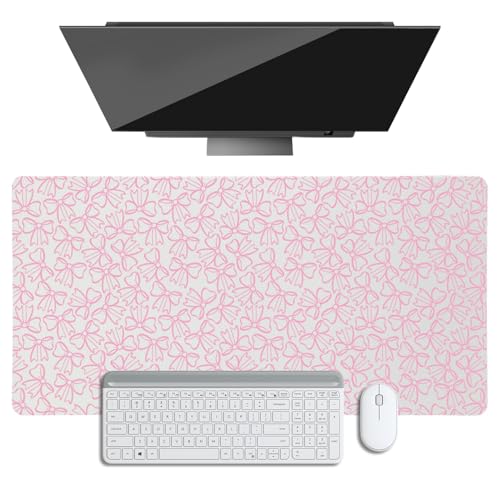 Desk Mat for Desktop, Little Pink Bows Large Mouse Pad, PU Leather Waterproof Desk Protector Pad, Mousepad with Non-Slip Base Stitched Edge Keyboard Mat for Gaming Office
