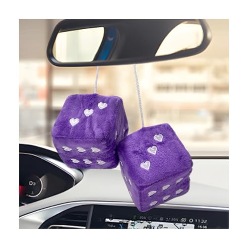 ZNDAW 2 PCS Fuzzy Plush Dice for Car Mirror, 2.75" Retro Square Heart Shape Car Rearview Mirror Cute Decor, Fluffy Dice Vehicle Hanging Ornament Decoration Interior for Women (Purple)