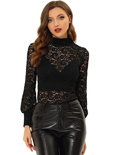 Allegra K Women's Lace Top Long Sleeve Smocked Mock Neck See