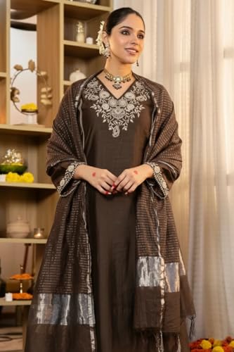 Image of Klosia Women Embroidery Solid Straight Kurta and Pant Set with Dupatta