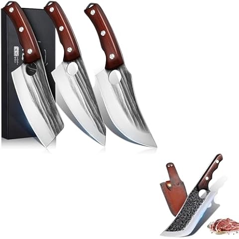 Kitchen Knife Set, Hand Forged Chef Knife Set with Full Tang Wood Handle Meat Cutting Full Tang Chef Knife with Belt Sheath and Gift Box High Carbon Steel Knife for Kitchen or Camping, Gift for Dad Cover