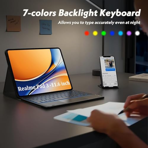 Image of HOM Tri-Fold 7-Colour Backlight Detachable Wireless Bluetooth Keyboard with Trackpad /Touchpad Tablet Cover Case for Realme Pad 3 11.61 inch