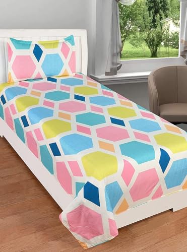 Image of Glace Cotton Single Bedsheet 60x90 Inches with 1 Pillow Cover 18x28 Inches - Pastel Hexagon Geometric Print Bed Sheet Set - Soft Flat Bedcover for Single Mattress Bedroom Hostel Room - Hexa