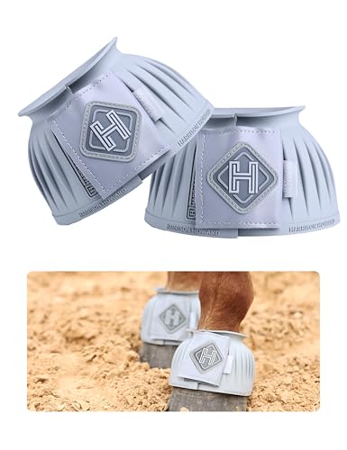 Harrison Howard 2/Pack Rubber Pull-on Bell Boots with Upgraded Leather Touch-Close Tape, Hoof Overreach Protection for Horses, Bell Boots for Horses, Extra Thick Rubber for Durability Light Grey L