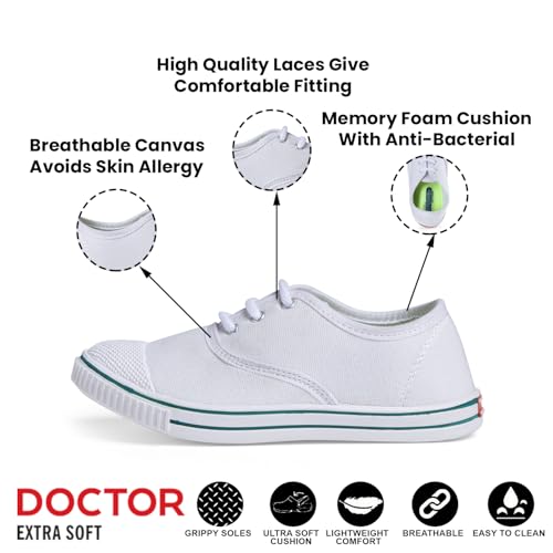 Image of DOCTOR EXTRA SOFT Uniform Tennis Canvas School Shoes with Laces Black & White for Boys & Girls | Memory Foam Cushion & Anti-Bacterial Technology| Lightweight | Comfortable| Durable & Anti-Skid D-3004