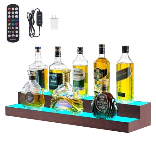 VEVOR LED Lighted Liquor Bottle Display, 2-Tier 30-Inch Whiskey Rack, Support USB, Illuminated Home Bar Shelf with RF Remote & App Control, 7 Static Colors, Acrylic+ Wood Lighted Shelf for 15 Bottles by VEVOR - Image 3