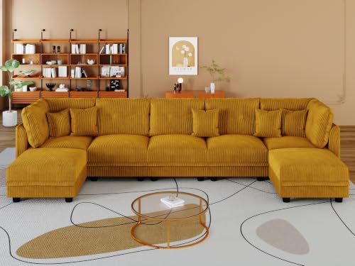 Image of LLappuil Modular Sectional Sofa with Storage, U-Shaped 7-Seat Corduroy Couch with 7 Throw Pillows, Pet-Friendly Convertible Sofa for Living Room & Apartment, Skin-Friendly, Yellow