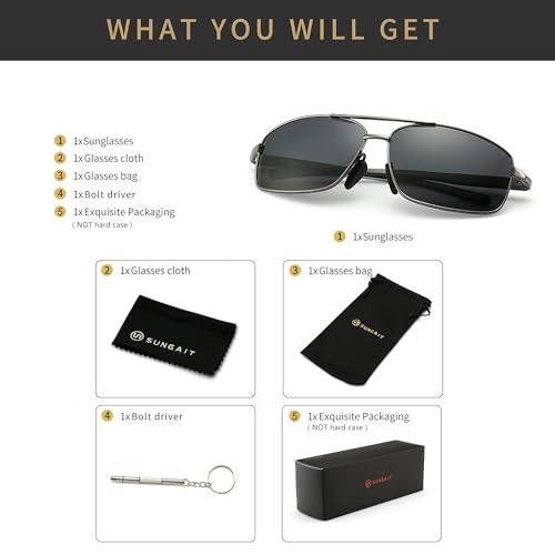 SUNGAIT Ultra Lightweight Rectangular Polarized Sunglasses Men UV400 Protection (Gunmetal Frame Gray Lens, 62) Metal Frame SGT458 QKH-CA by SUNGAIT - Image 6