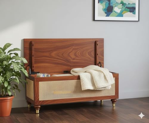 Image of MISAN Storage Boston Rattan Storage Trunk Box - Stylish & Practical Brown Wooden Chest for Home Organization | Versatile Storage Solution with Elegant Woven Design (Hony)