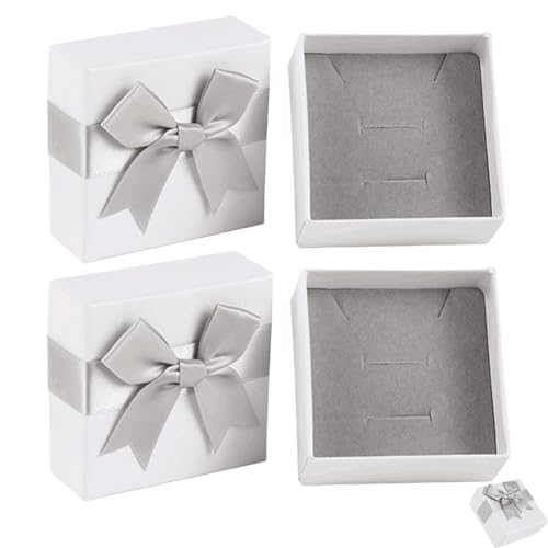 Tyrzol 2 Pcs Small Gift Boxes for Jewellery White Square Paper Jewellery Necklace Gifts Box Gray Gift Box Small Gift Box with Lid Gift Boxes With Gray Bow Knot for Weddings Birthdays Christmas