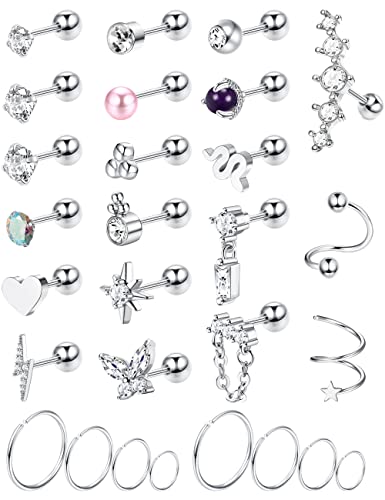 Adramata 28Pcs 16G Helix Piercings Chirurgenstahl Silber Ohrringe Piercing Pircingssets Ohr Tragus Conch Piercing Knorpel Ohrringe Set Schlange Ohrpiercing Ohrstecker Tragus Helix Piercing Ohr Cover