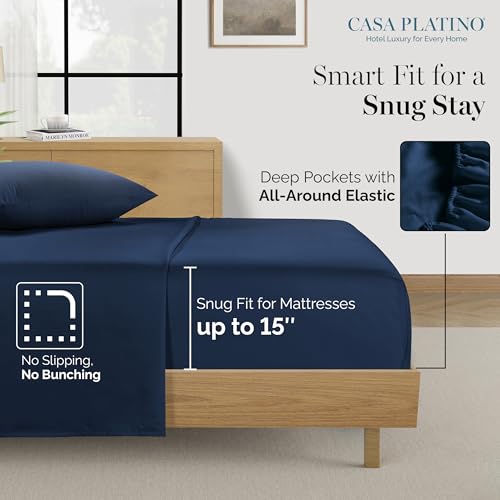 Casa Platino 100% Egyptian Cotton Sheets California King Size Set - 6 Pcs (1 Flat, 1 Fitted, 4 Pillowcases)- Ultra Smooth Sateen Weave Bed Sheets with 15" Deep Pockets - Navy Blue