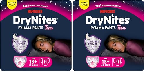 Huggies DryNites Pañales de Noche para Niña 13+ (48-60 kg), Clínicamente Probado con 5 Capas de Máxima Protección Nocturna, 11 Bragas Absorbentes (Paquete de 2)