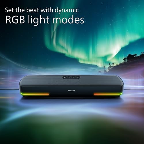 Image of Philips TAB4120BK /94 Wireless Bluetooth Soundbar, 20W, 8H Playtime, Bluetooth 5.1, TWS Mode, RGB Light, LED Indicator, Built-in Mic, Voice Assistant, AUX /USB /TF card input, USB-C Charging (Deep Black)