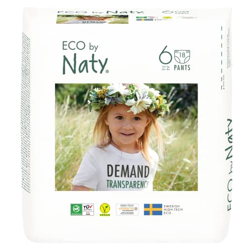 Eco by Naty Pañales Bebé Pants - Pañales braguita hipoalergénicos y sin productos químicos, absorbentes y ecológicos para niños y niñas (Talla 6 - 18 unidades)
