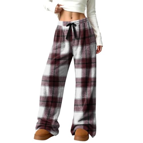 Women's Wide Leg Pants Elastic Waist Buffalo Plaid Flannel Fluffy Pant - image 6