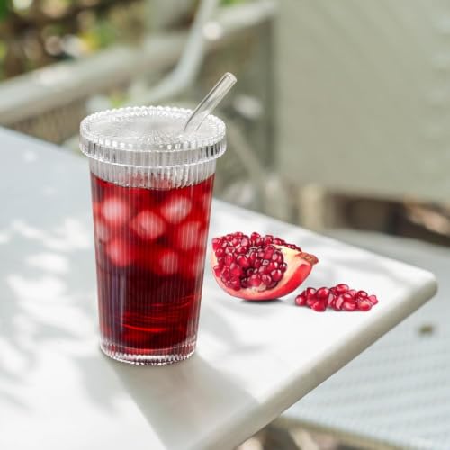 Image of Glass Tumbler with Lid and Straw - 380ml, Set of 1, Clear Ribbed Iced Coffee Cup,Vintage Drinking Jar Glasses,Fluted Glassware for Juice Smoothie Water Milk Soda