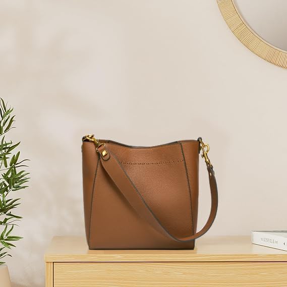 DORIS&JACKY Genuine Leather Bucket Hobo Bag for Women Designer Shoulder Purse and Satchel Tote with Detachable Wide Strap - Image 3