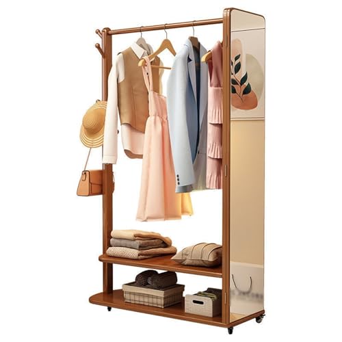 Genérico Perchero de Madera Maciza con Espejo de tocador extraíble Espejo de Cuerpo Entero Perchero de pie Simple con Almacenamiento Multifuncional