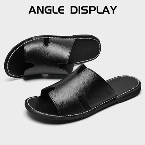 Image of Men's Genuine Leather Flat Slides Sandals Summer Classic Round Open Toe Slip On Softsole Male Sandals for Beach Walking Slides