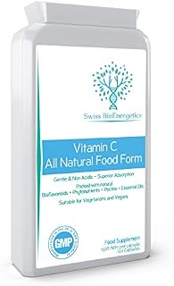 Natural Vitamin C 120 Capsules  Optimum Absorption All-Natural Food Form - Gentle & Non-Acidic - Packed with Bioflavonoids, Pectins, Essential Oils & phytonutrients - NO Synthetic ascorbic Acid