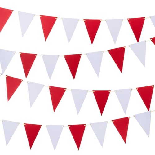 Image of MOWO Red White Pennant Banner Paper Bunting, 30pc, 20 feet | Birthday Graduation St.George's Day England Party Hanging Decoration, baby shower new year valentines day party decoration