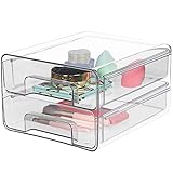 Amazon Brand-Umi Make-Up Organizer mit 2 Schubladen.Schubladenbox 2 Schubfächer aus Kunststoff, Flache Stapelbox für Kosmetika, Accessoires,Spielzeug,Büro.Schubladenturm für Schminke–Durchsichtig