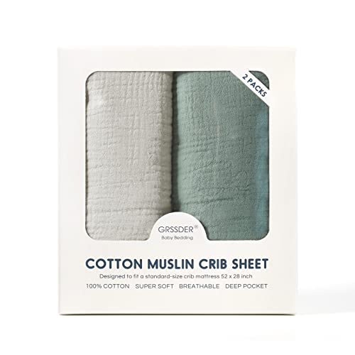 Image of GRSSDER 100% Cotton Muslin Crib Sheet 2 Pack - Breathable & Ultra-Soft Fitted Crib Sheets for Standard Baby & Toddler Mattresses, 52 inchx28 inch with 9 inch Deep Pocket, Snug Fit All-Around Elastic
