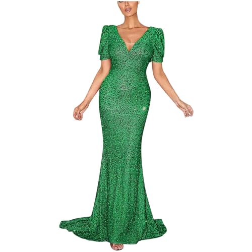 Women Sequin Bridesmaid Dress Short Sleeve V Neck Cocktail Party Maxi Dress  Mermaid Formal Evening Prom Gowns Green at Amazon Women's Clothing store