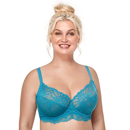 HSIA Women Minimizer Unlined Underwire Bra Eyelash Lace Unpadded Bra Sheer Sexy Bra 34C-44DDD Horizon Blue