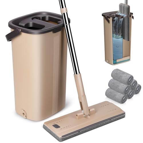 MASTERTOP Mopa Fregona con Cubo Escurridor, Microfibra 360° Fregona Plana y Mango Largo 138cm de Acero Inoxidable con 6 Almohadillas Reemplazables - Adecuado para Doméstico y Oficina (Beige)