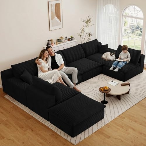 Image of 136 inch Cloud Couch Modular Sectional Sofa for Living Room, U-Shape Boneless Couch with Deep Seat, Modern Corduroy 6-Seater with Ottoman, No Assembly Required, Black