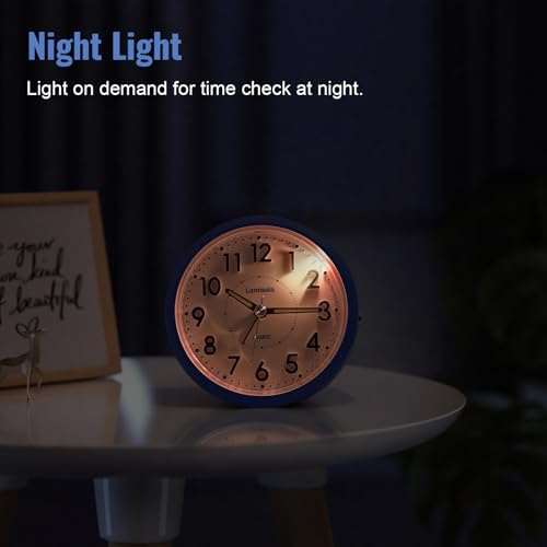 Image of Lamisola 4 Inch Alarm Clock for Bedrooms, Small Analog Desk Clock, Blue | Battery Operated Bedside Clock for Bedroom Bathroom Home Nightstand Shelf, Night Light Snooze, Minimalist Clocks for Seniors
