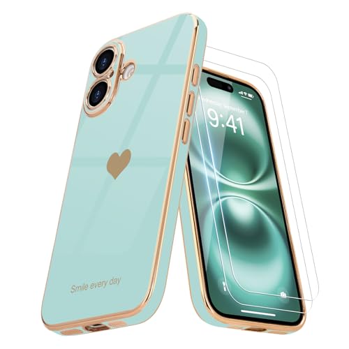 Teageo Compatible with iPhone 16 Case for Girl Women Cute Love-Heart Luxury Bling Plating Soft Back Cover Raised Camera Protection Bumper Silicone Shockproof Phone Case for iPhone 16, Pearl Aqua by Teageo - Used condition - US$6.41