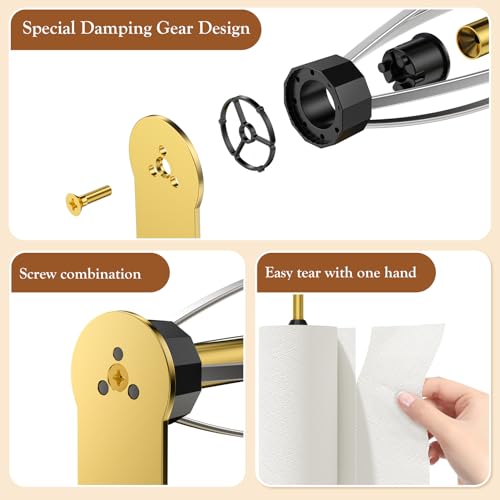 Image of Paper Towel Holder Under Cabinet with 2 Hooks, Paper Towel Holder Wall Mount with Damping Effect, Self-Adhesive or Drilled Paper Roll Holders for Kitchen, Bathroom, RV(Gold)