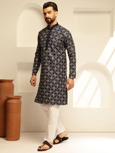 Image of SOJANYA (Since 1958 Men's Cotton Silk Gold Sequins Thread Embroidered Kurta With White Pyjama