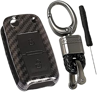 Happyit ABS Carbon Fiber Shell + Silicone Car Key Cover Case fit for VW Volkswagen Amarok Polo Golf 4 5 6 MK4 Bora Jetta 2 Buttons (Black)