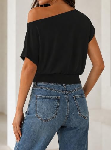 Image of SOFIA'S CHOICE Women's Off The Shoulder T Shirt Crop Top Casual Summer Dolman Sleeve Asymmetrical Cinched Waist Tops