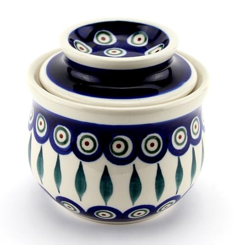 Polish Pottery Market French Butter Dish, Handcrafted Ceramic Butter Keeper by Zaklady Boleslawiec Poland, Butter Crock for Counter, French Butter Keeper with Lid, Peacock Pattern