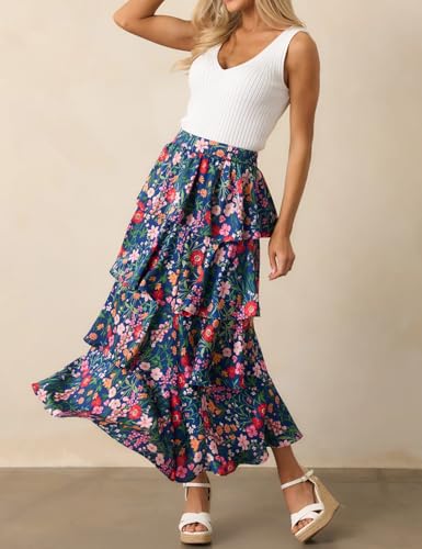 Floral Maxi Skirts for Women Summer Elastic High Waist A-Line Boho Beach Long Skirts Ruffle Flowy Skirts Streetwear2