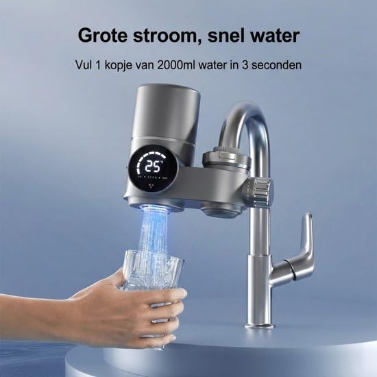 HG Filtre à eau pour robinet avec affichage LED – Système de filtration du robinet avec double mode d'eau – Système de filtration multicouche – 6 adaptateurs inclus – Gris/argenté