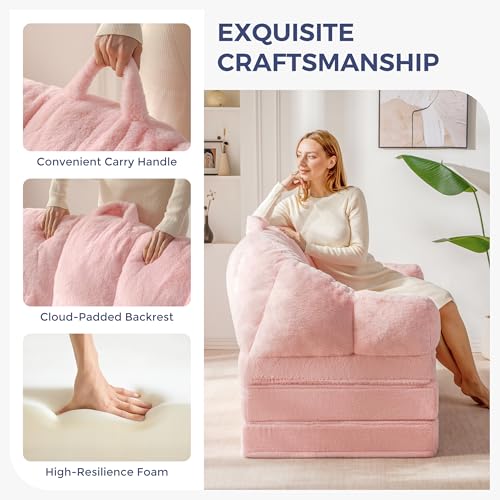 Image of MAXYOYO Folding Sofa Bed, 2 in 1 Convertible Sofa to Lounger Comfy Loveseat Bean Bag Chair for Adults, Floor Couch with Handle, Faux Fur Couch Bed for Living Room Bedroom, Pink, Loveseat