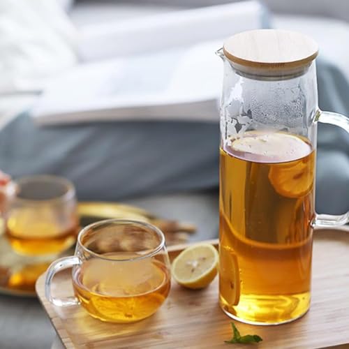 Image of Borosilicate Glass 1 LTR Water Jug with Handle, Juice Beverage Carafe with Bamboo Lid, Big Glass Iced Tea Pitcher, 1 Pcs Set (Borosilicate 1 Liter Stright)
