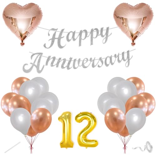 Image of Flyloons 12th Happy Anniversary Decoration Items Rose Gold White for Men Women Husband Wife Mom Dad Parent Couple Home Bedroom Car With 20 Pcs Metallic Balloons Anniversary Banner 2 Pcs Heart Set Kit