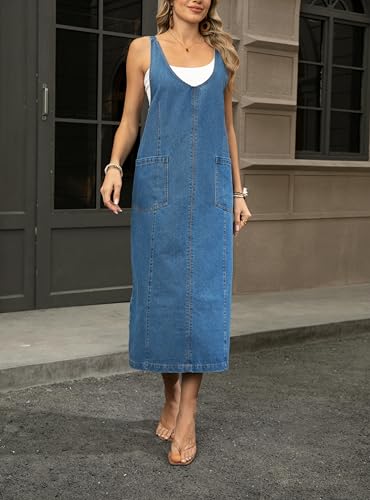 yoeasy Women's V Neck Sleeveless Denim Overall Dress Adjustable Strap Vintage Back Slit Midi Jean Dress with Pockets3