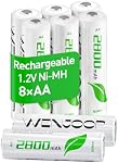 AA Rechargeable Batteries 8 Pack, 2800mAh Ni-MH, 1.2V High Capacity, Low Self-Discharge, for Remotes, Toys, Controllers and Flashlights