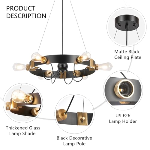 Image of 6-Light Wagon Wheel Chandelier, Black Gold Farmhouse Pendant Light | 21.4 Inch Industrial Pendant Light for Kitchen Island, Adjustable Hanging Height, Rust-Proof, ETL Certified, E26 Sockets