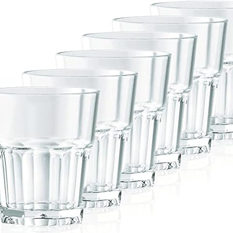 Kerafactum 6 bruchfeste Gläser Becher langlebige Wassergläser aus stabilem Kunststoff Saft Wasser Whisky Glas Partybecher Whiskybecher Trinkbecher Set in echter Glasoptik stapelbar BPA free Tumbler Cover