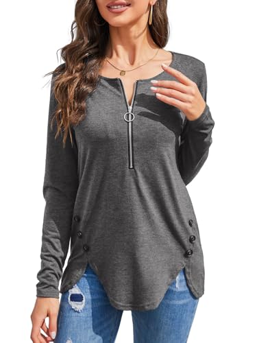 Fisoew Womens Casual Long Sleeve Tunic Tops Round Neck Shirt Button Side Basic Tees Wearring with Leggings 20242